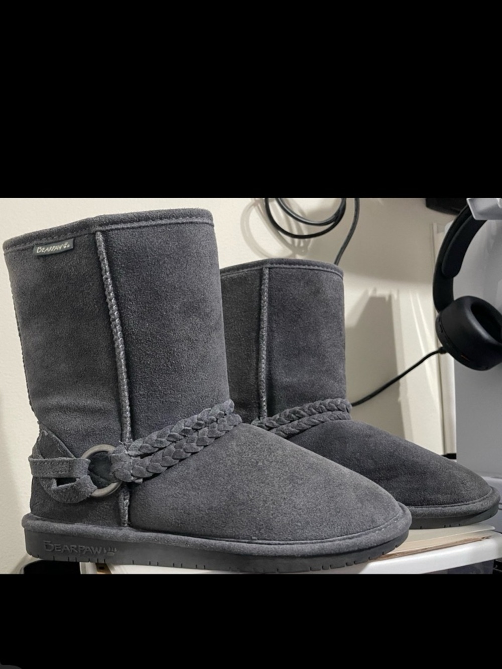 BearPaw Women's Dark Gray Braided Suede Short Boots